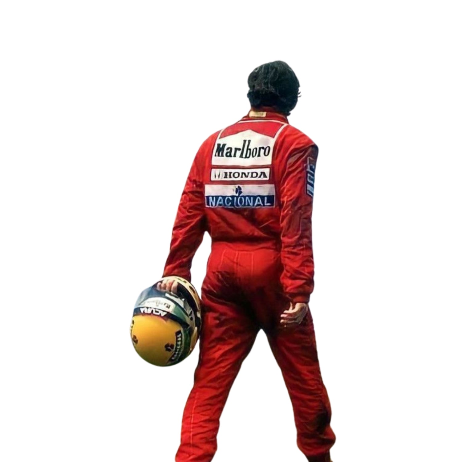 Back view of Ayrton Senna’s 1991 F1 racing suit, showcasing the bold red and white McLaren colors and premium fabric, marking his triumph in the United States GP.Bestracewear
