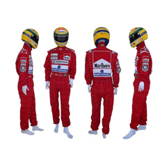 Front view of Ayrton Senna’s 1991 F1 racing suit worn at the United States GP, with iconic red and white design, featuring sponsor logos and race details.
Back view of Ayrton Senna’s 1991 F1 racing suit, showcasing the bold red and white colors and premium fabric, marking his triumph in the United States GP.
Left and Right Side profile of the 1991 United States GP racing suit worn by Ayrton Senna, highlighting the aerodynamic fit and the classic sponsor patches. Bestracewear