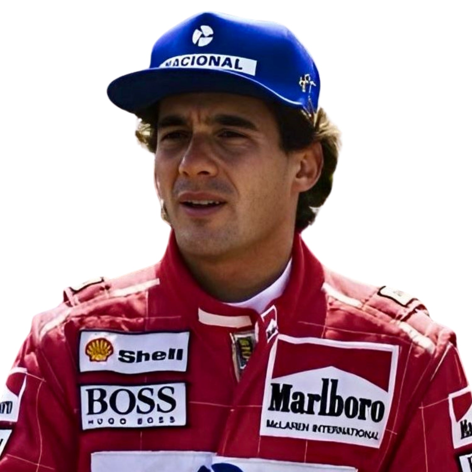 Close-up shot of Ayrton Senna’s 1991 racing suit stitching and sponsor logos, capturing the fine craftsmanship and detail that made this McLaren suit iconic.Bestracewear