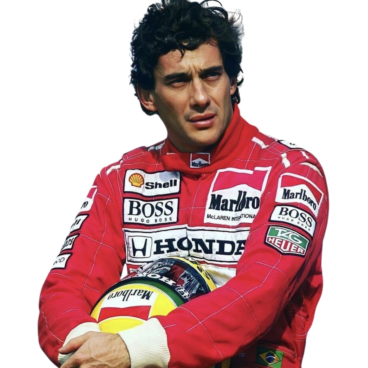 Close-up shot of Ayrton Senna’s 1991 racing suit stitching and sponsor logos, capturing the fine craftsmanship and detail that made this McLaren suit iconic.Bestracewear