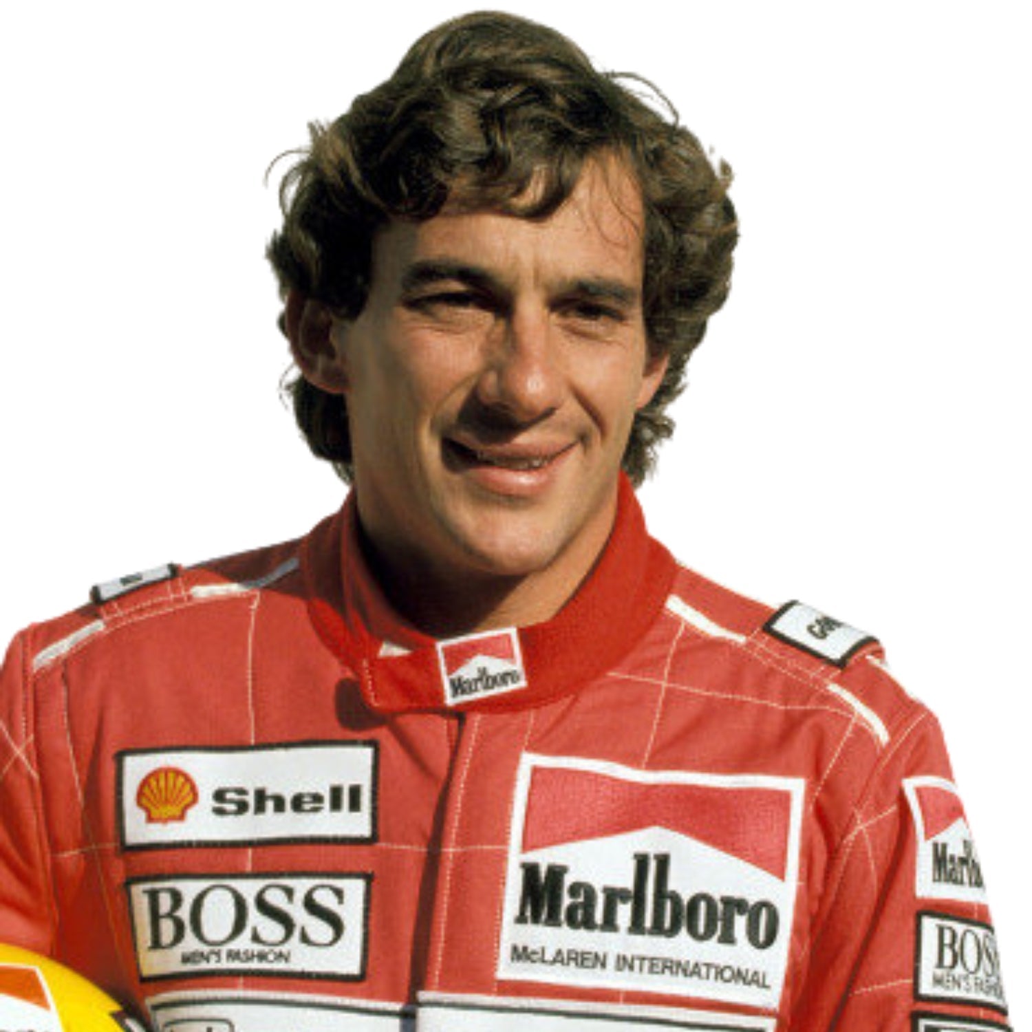 Close-up shot of Ayrton Senna’s 1991 racing suit stitching and sponsor logos, capturing the fine craftsmanship and detail that made this McLaren suit iconic.Bestracewear