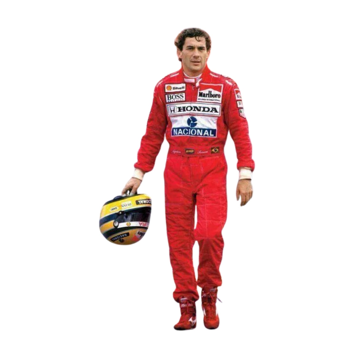 Front view of Ayrton Senna’s 1991 F1 racing suit worn at the United States GP, with iconic red and white design, featuring sponsor logos and race details.Bestracewear