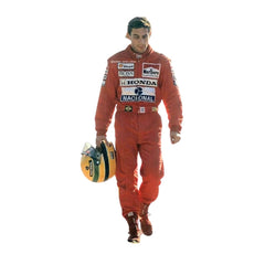 Front view of Ayrton Senna’s 1991 F1 racing suit worn at the United States GP, with iconic red and white design, featuring sponsor logos and race details.Bestracewear