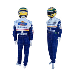 Front view of Ayrton Senna’s 1994 F1 racing suit, featuring his iconic yellow and blue design, reflecting his final season in Formula 1 before his tragic passing.
Back view of Ayrton Senna’s 1994 racing suit, showcasing bold sponsor patches and the striking color design, a tribute to his dedication to racing.Bestracewear
