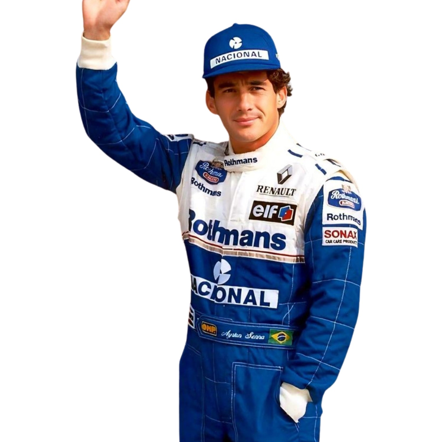 Close-up of Ayrton Senna’s 1994 F1 racing suit, showcasing intricate stitching and vibrant sponsor logos, capturing the legacy of a Formula 1 icon.Bestracewear