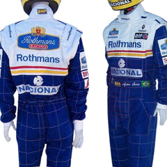 Back view of Ayrton Senna’s 1994 racing suit, showcasing bold sponsor patches and the striking color design, a tribute to his dedication to racing.
Left Side profile of the 1994 racing suit worn by Ayrton Senna, highlighting the sharp, dynamic lines and bold colors that defined his final racing season.Bestracewear