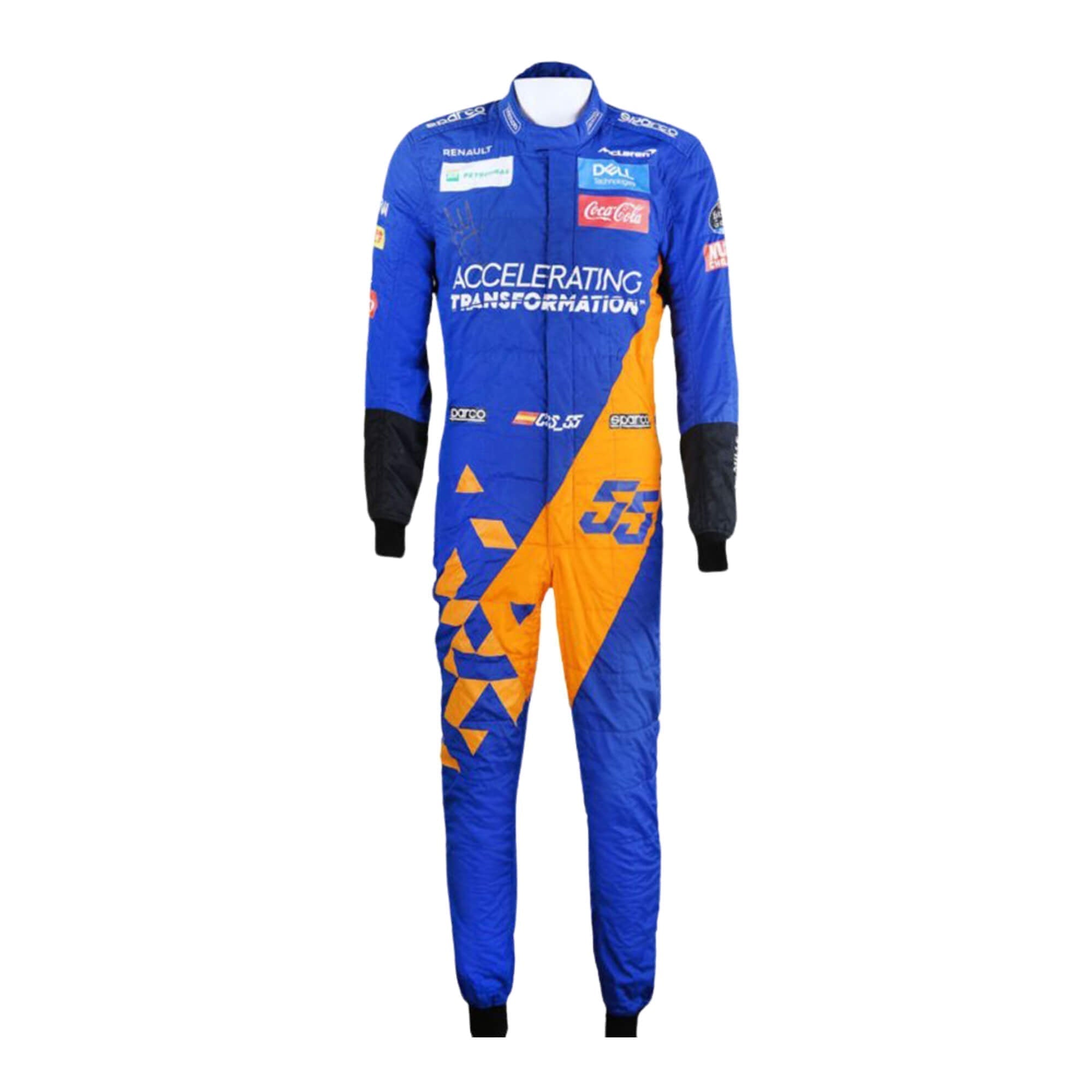 Front view of Carlos Sainz 2019 F1 racing suit in high resolution – vibrant look with iconic race elements-Bestracewear