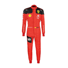 Carlos Sainz Jr.'s 2023 F1 racing suit front view featuring a vibrant red base with black accents on the shoulders and sides, complemented by sponsor logos, showcasing a sleek and modern design.