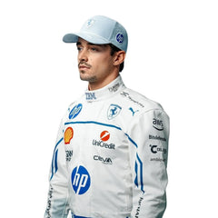 Detailed close-up of the Monaco GP 2025 f1 racing suit showing Charles Leclerc's name, precision-stitched logos, and white and blue detail design__Bestracewear