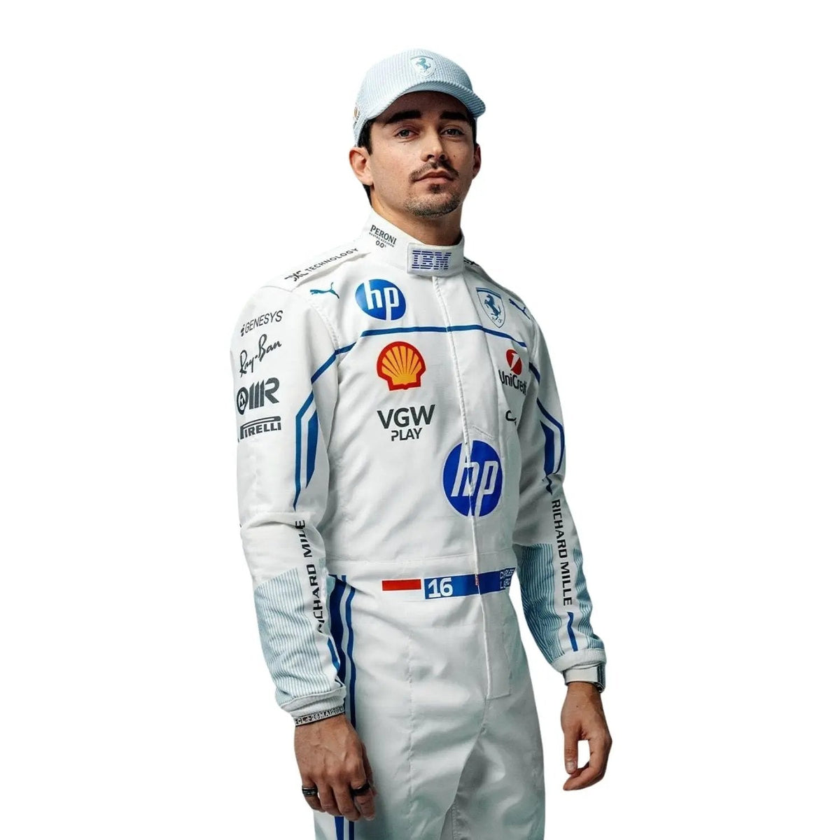 Side profile of Leclerc's 2025 F1 Monaco Grand Prix Racing suit highlighting ergonomic fit, blue accent lines, and breathable mesh fabric for optimized airflow_Bestracewear