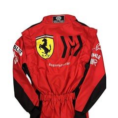 Rear view of the 2021 Charles Leclerc F1 suit, showcasing name detailing and structured paneling for movement and airflow.