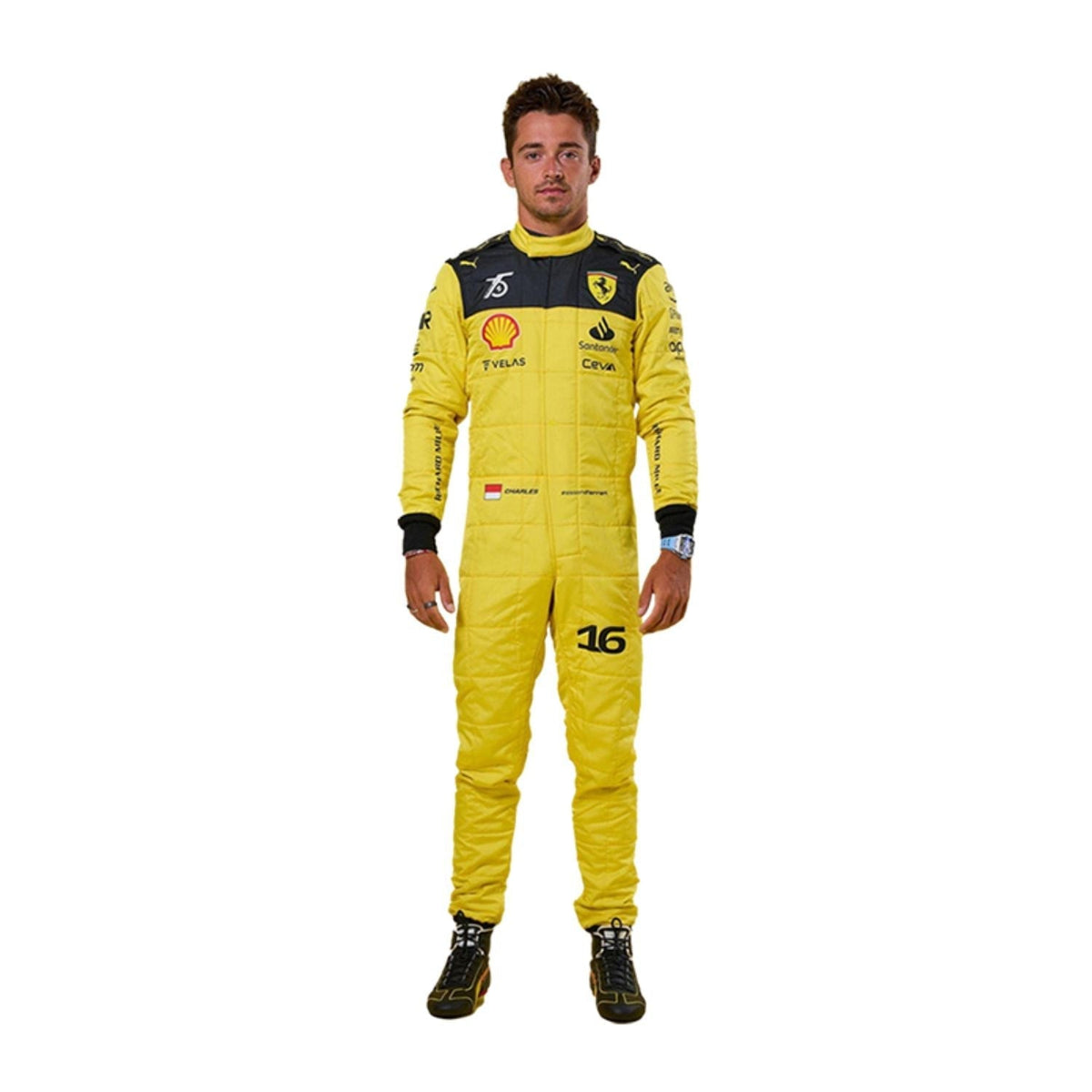 Charles Leclerc's 2022 Ferrari 75th Anniversary F1 racing suit front view, showcasing the iconic red design with bold sponsor logos, highlighting milestone celebration.Bestracewear