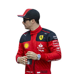 Close-up of the f1 suit's fine stitching and detailed sponsor logos, highlighting the craftsmanship and quality of the 2022 f1 racing suit. Bestracewear