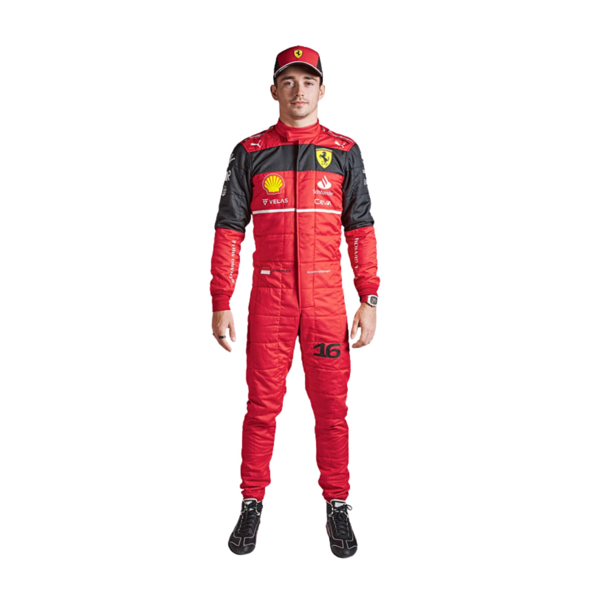 Charles Leclerc's 2022 F1 racing suit in vibrant red, showcasing intricate sponsor logos and a sleek design synonymous with high-performance motorsport gear. Bestracewear