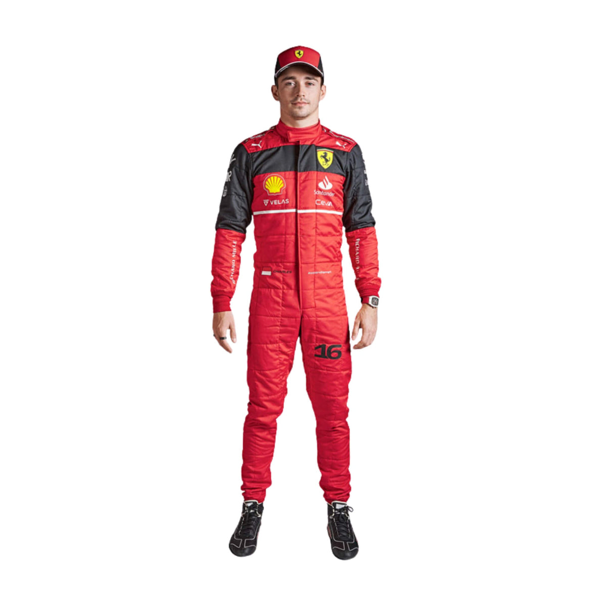Charles Leclerc's 2022 F1 racing suit in vibrant red, showcasing intricate sponsor logos and a sleek design synonymous with high-performance motorsport gear. Bestracewear