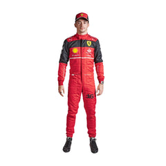 Charles Leclerc's 2022 F1 racing suit in vibrant red, showcasing intricate sponsor logos and a sleek design synonymous with high-performance motorsport gear. Bestracewear