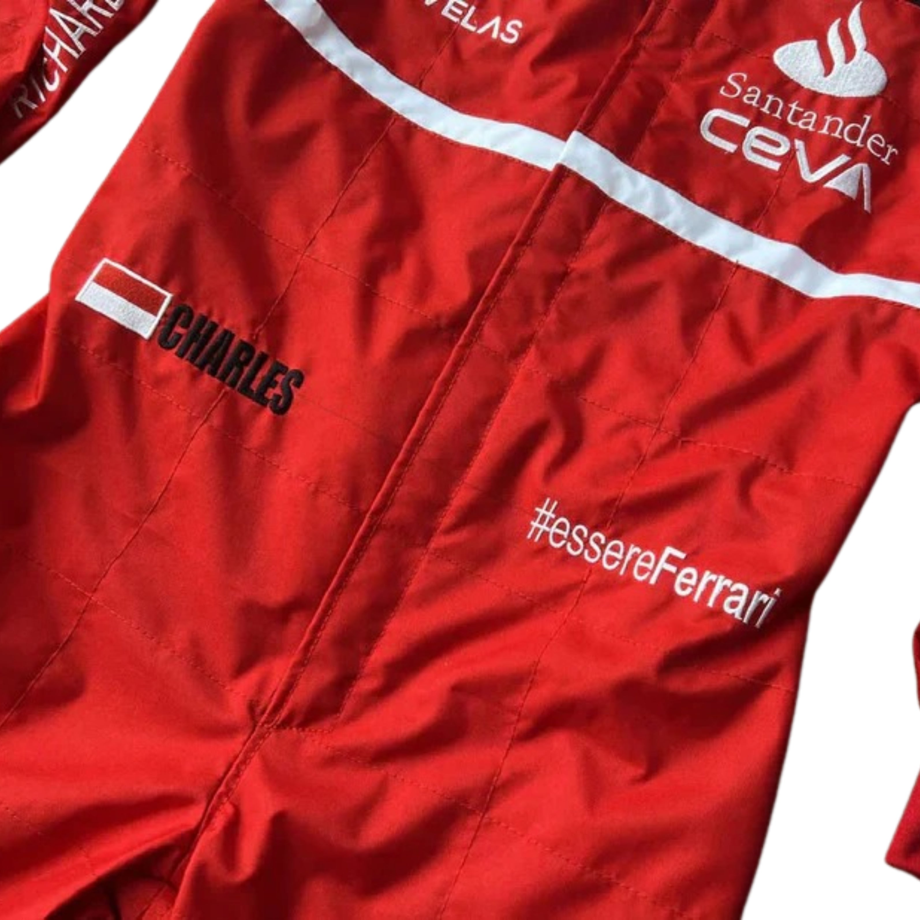Close-up of the suit's fine stitching and detailed sponsor logos, highlighting the craftsmanship and quality of the 2022 racing Suit.Bestracewear