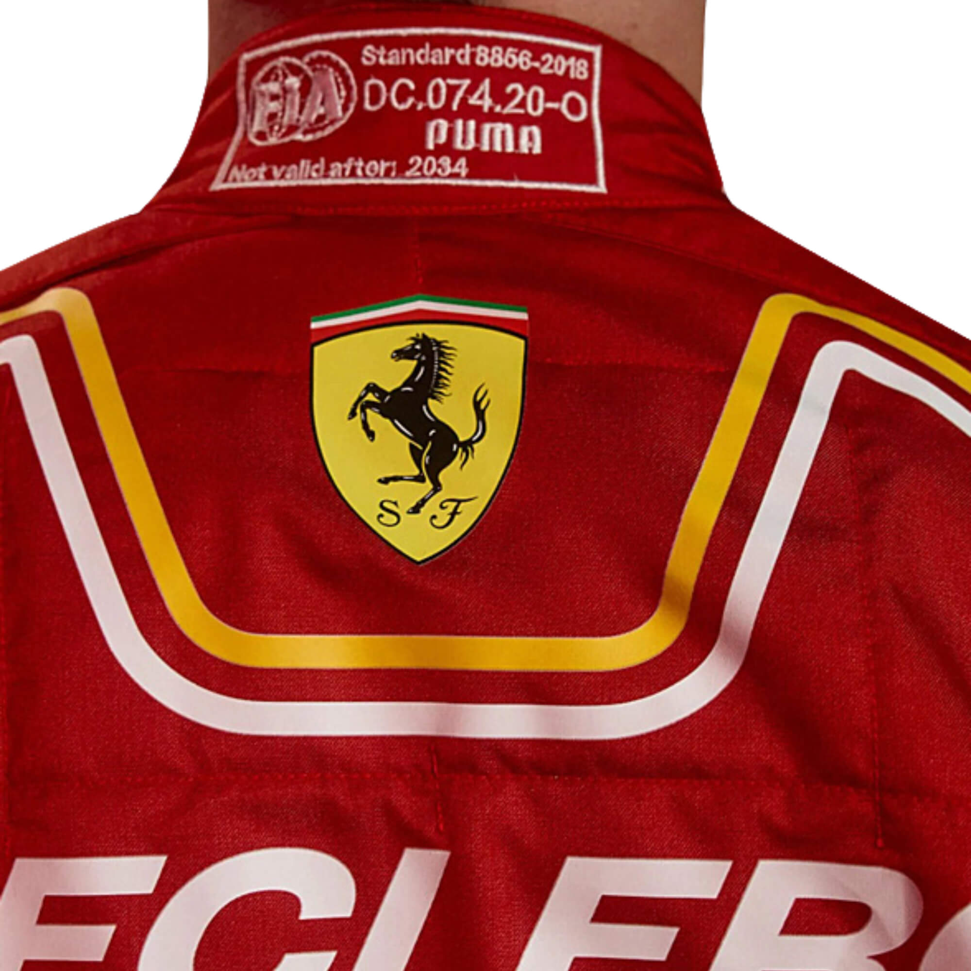 Rear view of 2024 Charles Leclerc F1 racing suit from Bestracewear, highlighting a striking red base with black detailing and prominent sponsor logos.