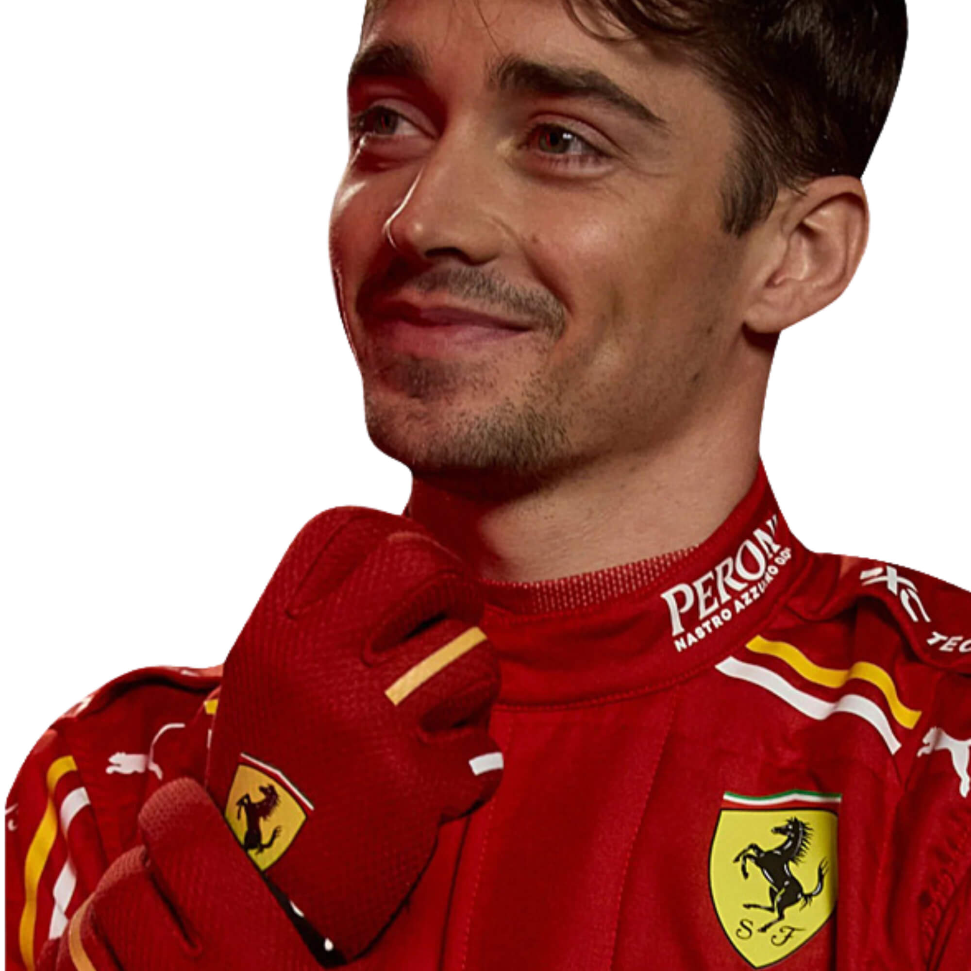 Close-up of 2024 Charles Leclerc F1 racing suit from Bestracewear, focusing on the red material with black stitching and sponsor logos, highlighting its precision design.