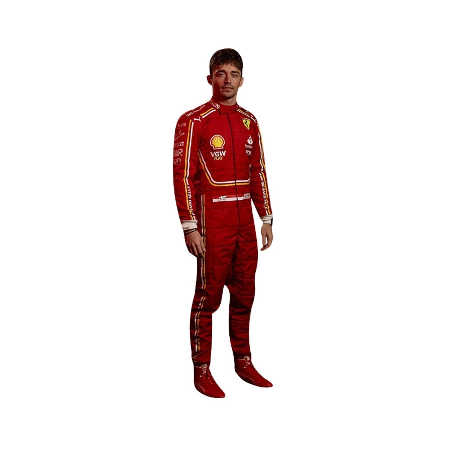 Front view of 2024 Charles Leclerc F1 racing suit from Bestracewear in vibrant red with black accents, featuring sponsor logos and a sleek design for maximum performance.