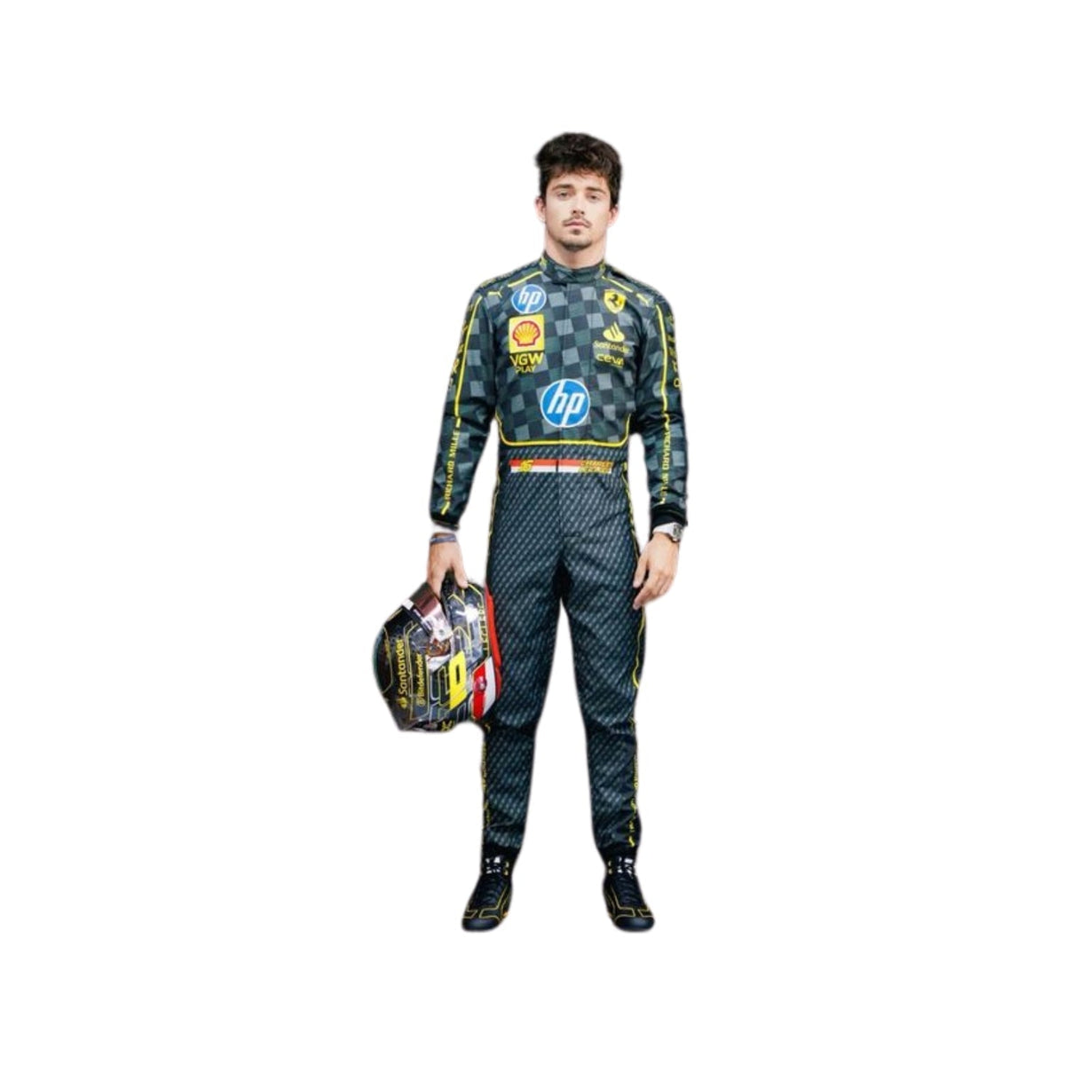 Front view of 2024 Charles Leclerc Italy GP F1 racing suit from Bestracewear in black with Modena yellow accents, showcasing a modern design with sponsor logos.