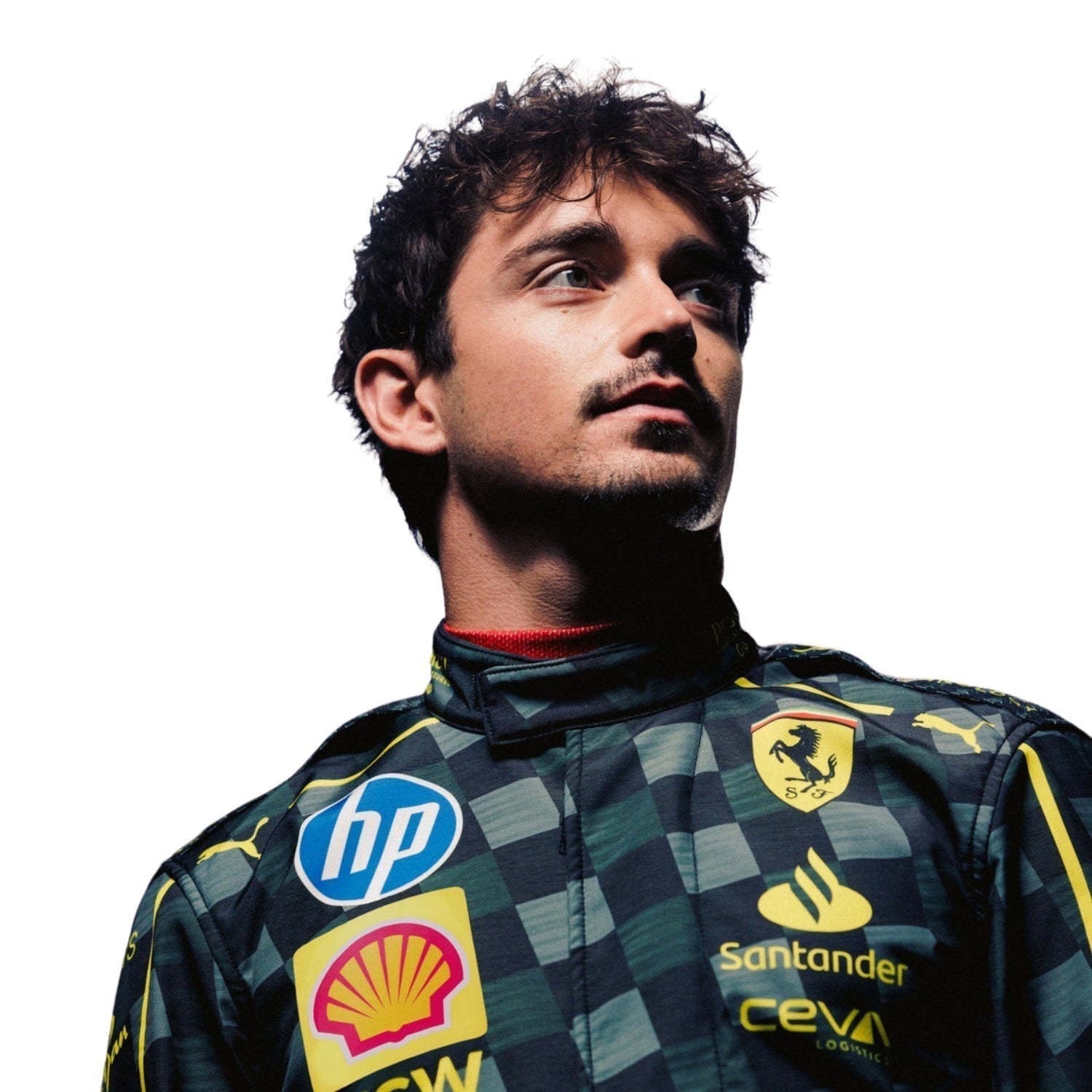Close-up of 2024 Charles Leclerc Italy GP F1 racing suit from Bestracewear, displaying the intricate black material with Modena yellow stitching and sponsor logos.