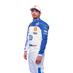 Detailed side profile close-up of the Miami GP 2025 racing suit materials, including high-contrast stitching, driver name embroidery, and premium patches tailored for Leclerc-Bestracewear