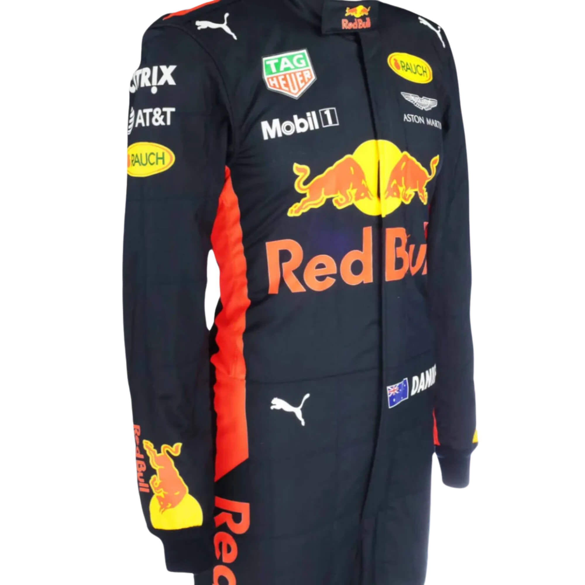 Close-up of the sleeve on Daniel Ricciardo’s 2017 F1 racing suit, showing embroidered sponsor logos and high-quality stitching. - Bestracewear