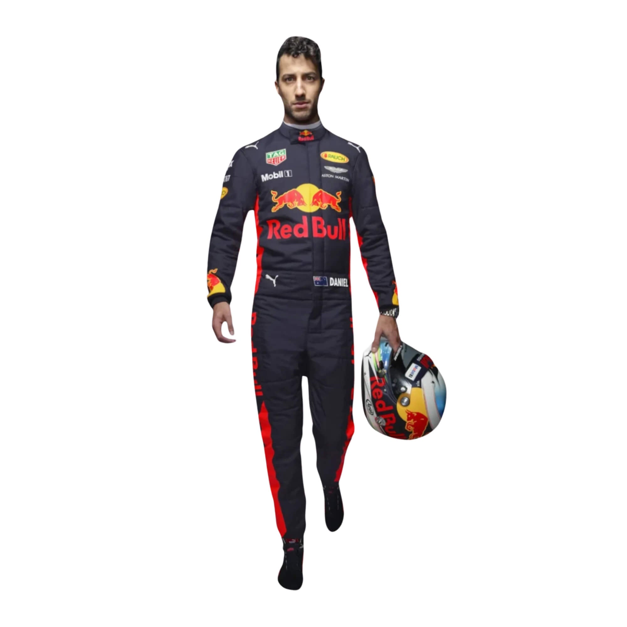 Full-body view of Daniel Ricciardo’s 2017 racing suit, highlighting sponsor logos and ergonomic design, ideal for top-level racing  - Bestracewear