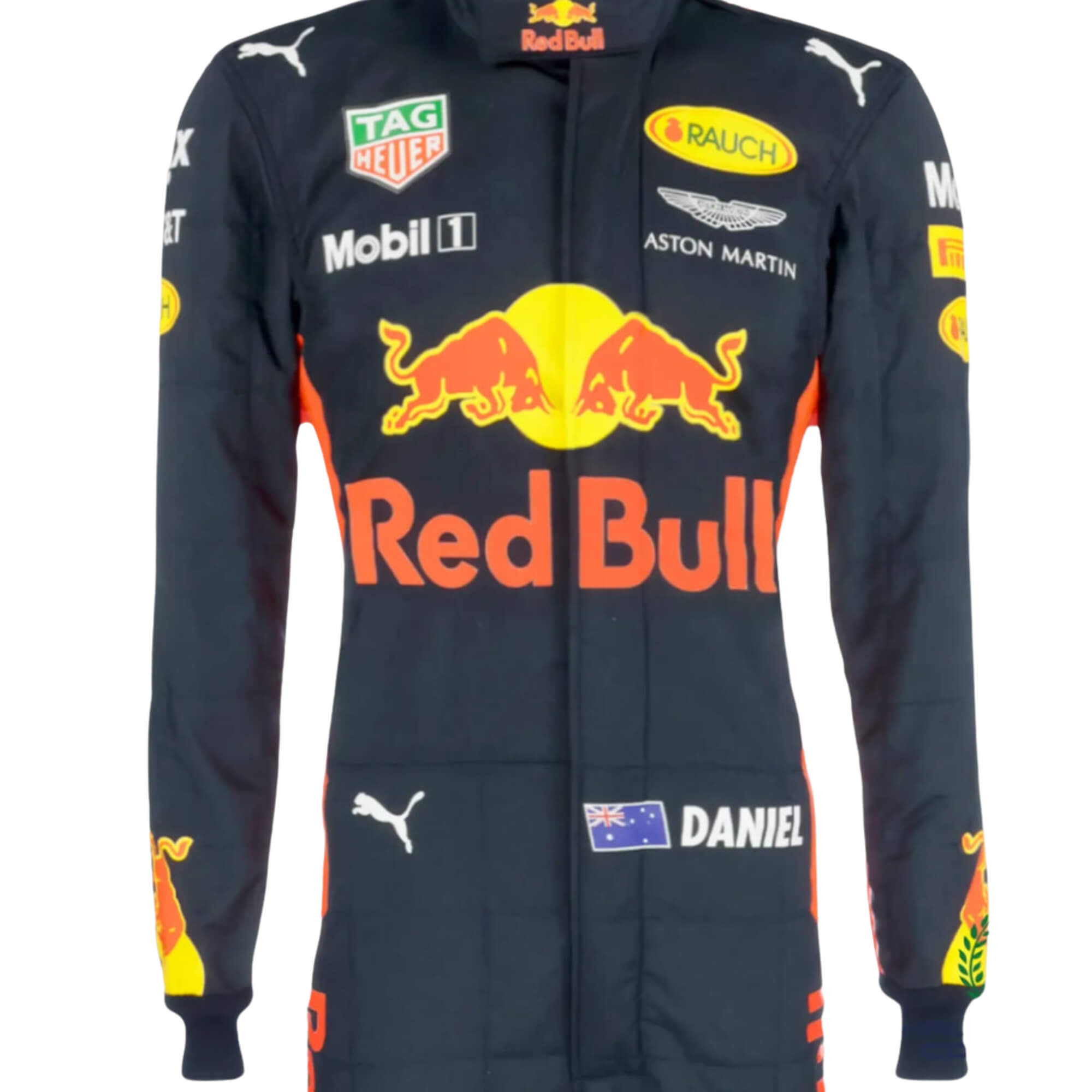 Close-up of the chest area on Daniel Ricciardo’s 2017 racing suit, featuring detailed sponsor embroidery and premium craftsmanship. - Bestracewear