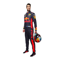 Right side view of Daniel Ricciardo’s 2017 F1 racing suit, showcasing embroidered sponsor patches, sleek design, and fit for maximum performance  - Bestracewear