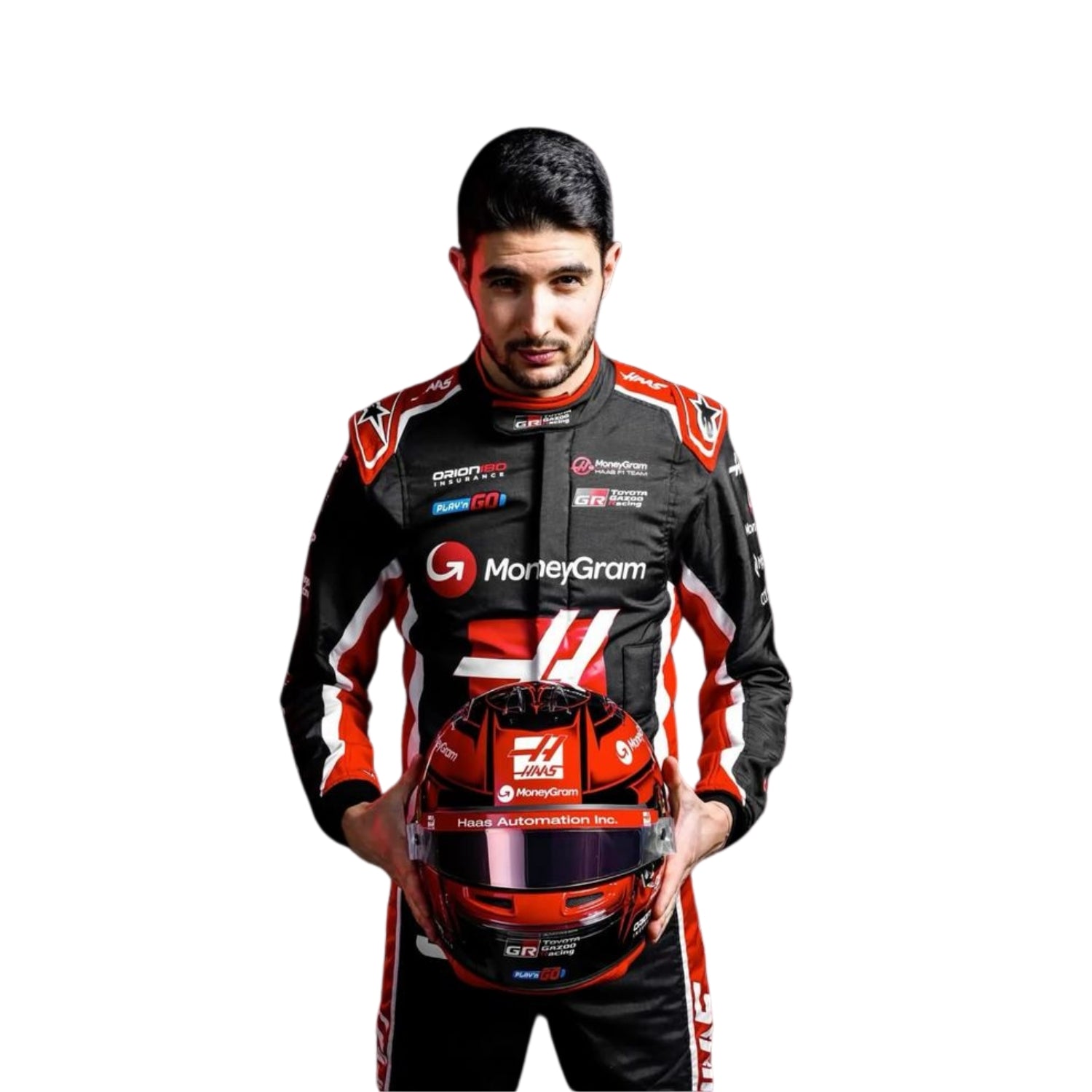 Close-up of Esteban Ocon's special edition helmet for the 2025 season, adorned with unique design elements.
