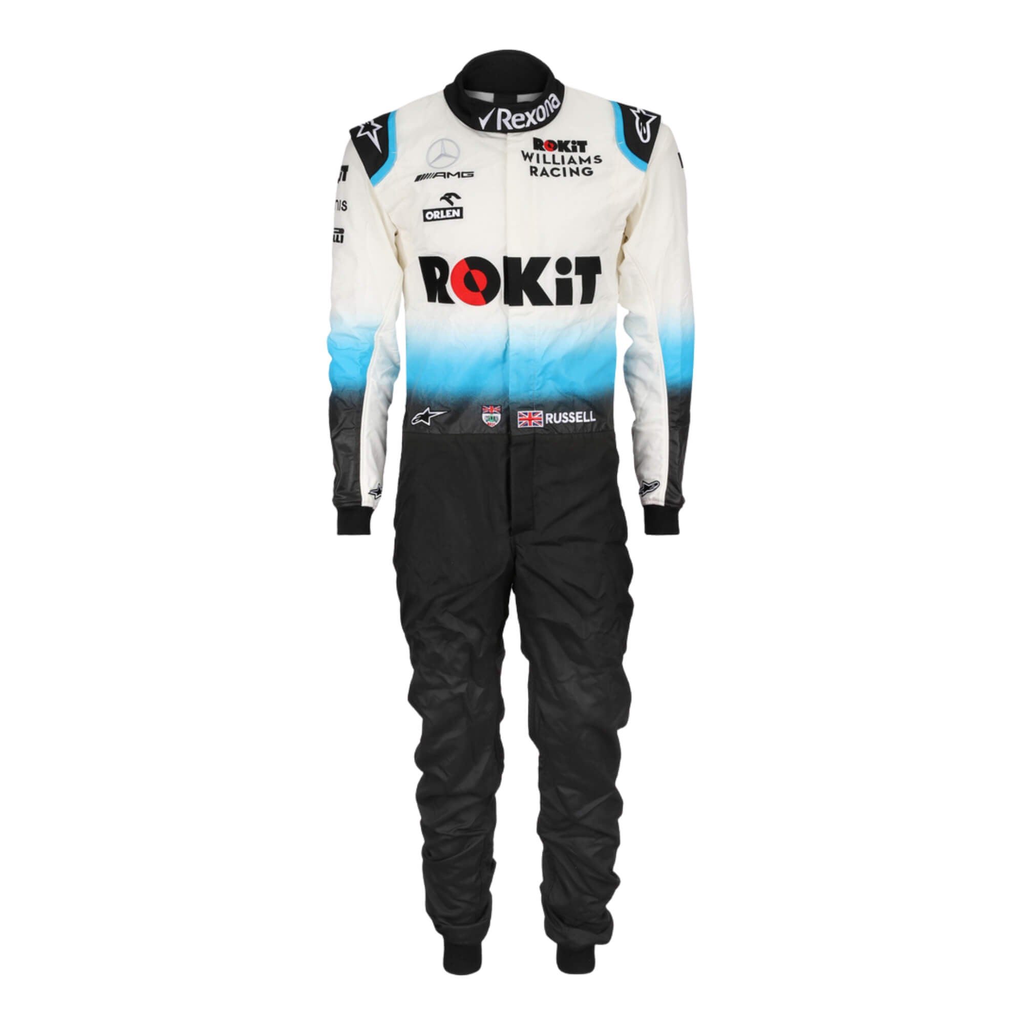 George Russell 2019 F1 suit – front view highlighting its race-inspired design, trending in the Formula 1 fan community.Bestracewear