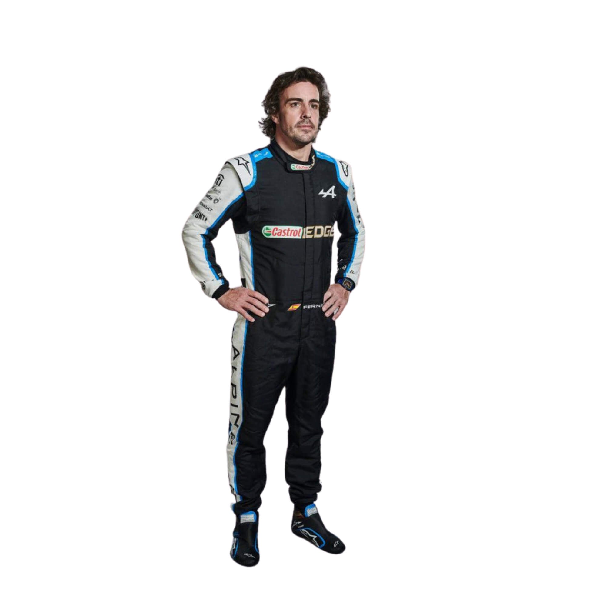 Fernando Alonso 2021 Formula 1 racing suit – sharp front view showcasing the iconic blue design