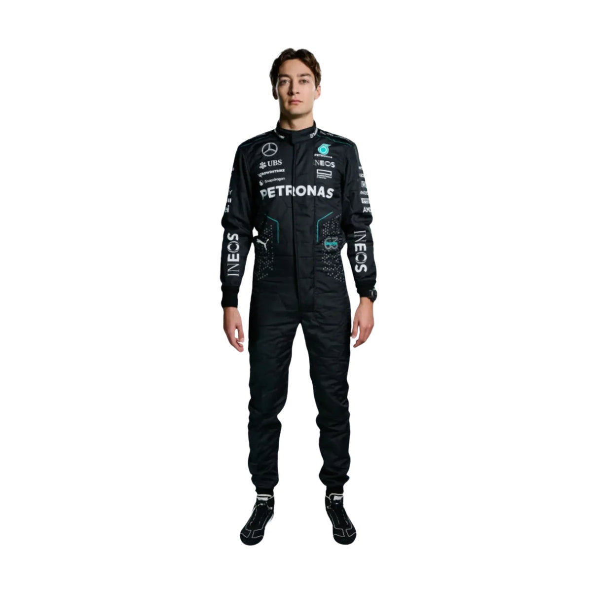 George Russell’s 2023 F1 racing suit in a sleek black and silver design, featuring prominent sponsor logos on the chest and legs. The suit is tailored for aerodynamics and performance, showcasing Russell’s commitment to excellence.Bestracewear