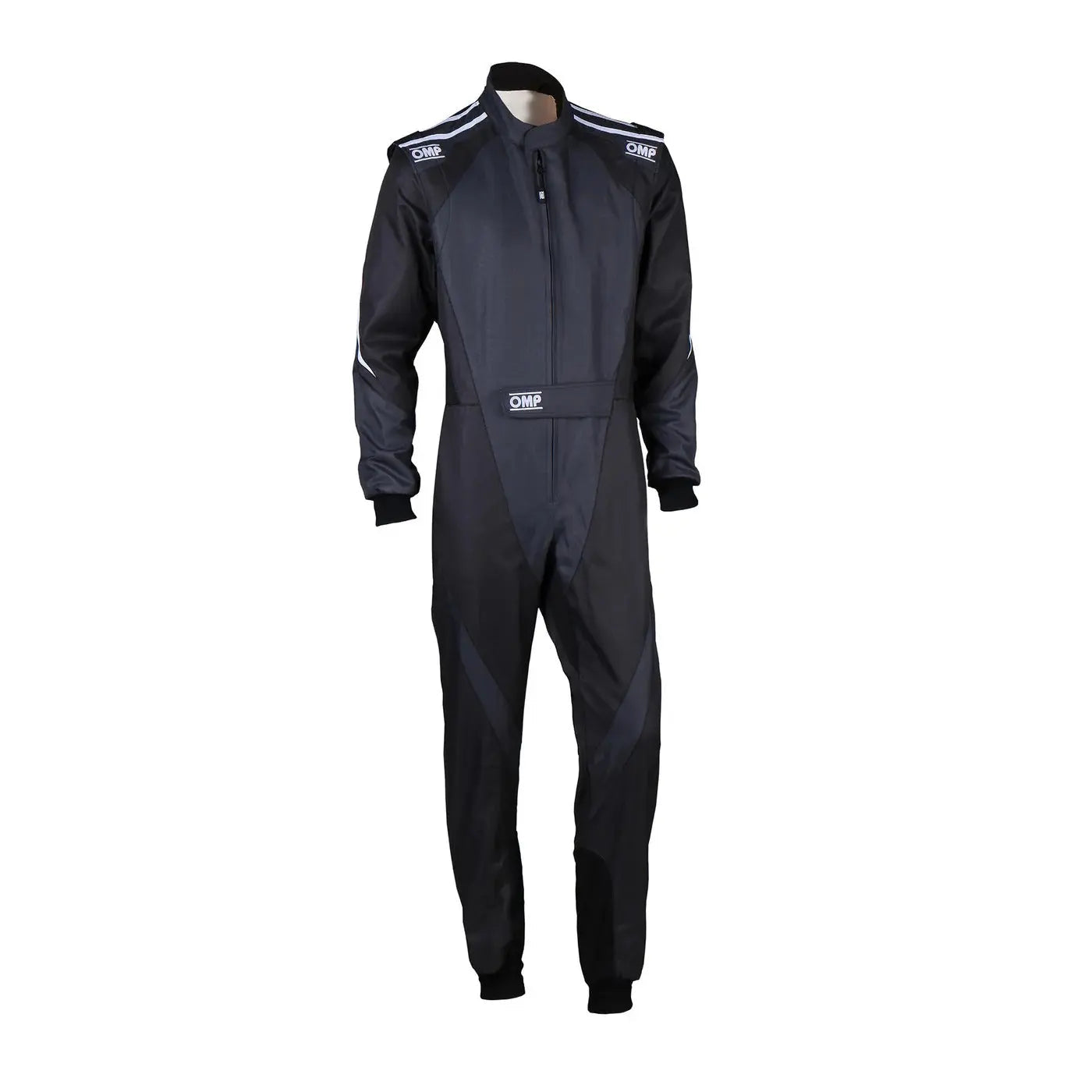 Front View Black Go kart racing suit with white accents OMP Go Kart Racing Suit KS-3X - FIA 88770 Bestracewear