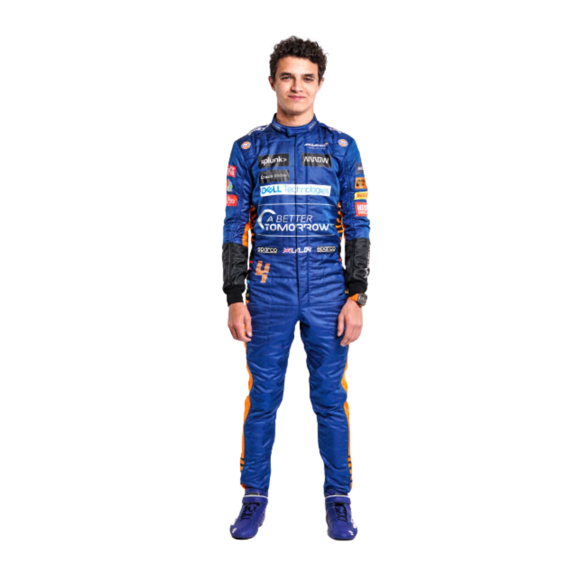 L2020 Lando Norris F1 Racing Suit - Bestracewear front view, showcasing Team McLaren's signature orange and black design, with prominent sponsor logos.