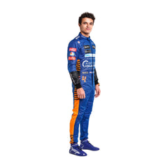 Side view of L2020 Lando Norris F1 Racing Suit - Bestracewear – vibrant orange and blue design