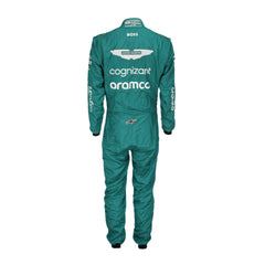 Rear view of Lance Stroll’s 2023 F1 racing suit, highlighting the back design with precise sponsor placements and a focus on aerodynamics, ensuring a fit tailored for optimal performance during races.Bestracewear