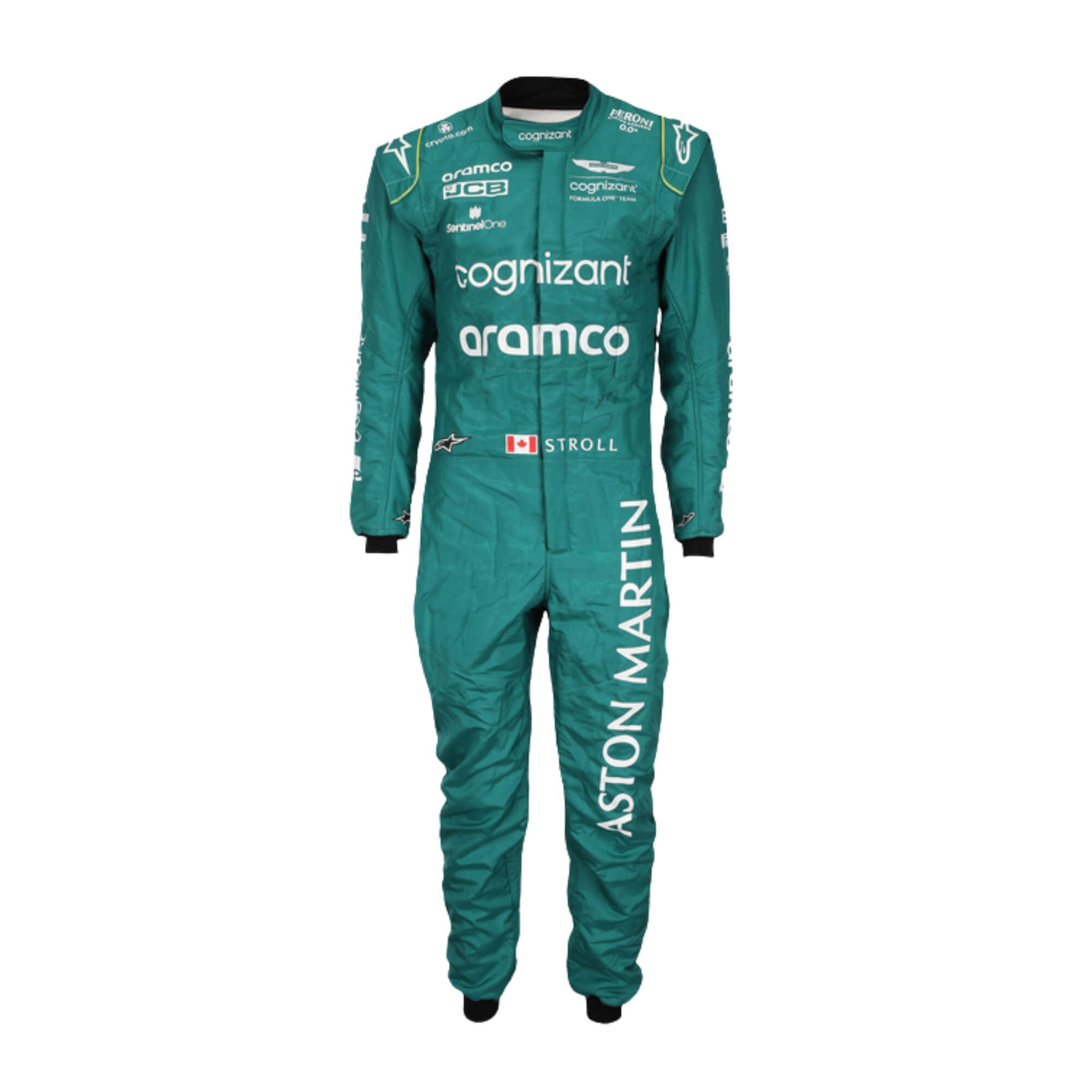 Lance Stroll’s 2023 Miami GP F1 racing suit, featuring a sleek design with a blend of dark green and subtle yellow accents. The suit is adorned with sponsor logos across the chest and shoulders, signifying high performance and innovation.Bestracewear