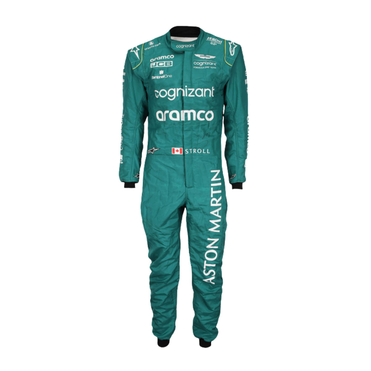 Lance Stroll’s 2023 Miami GP F1 racing suit, featuring a sleek design with a blend of dark green and subtle yellow accents. The suit is adorned with sponsor logos across the chest and shoulders, signifying high performance and innovation.Bestracewear