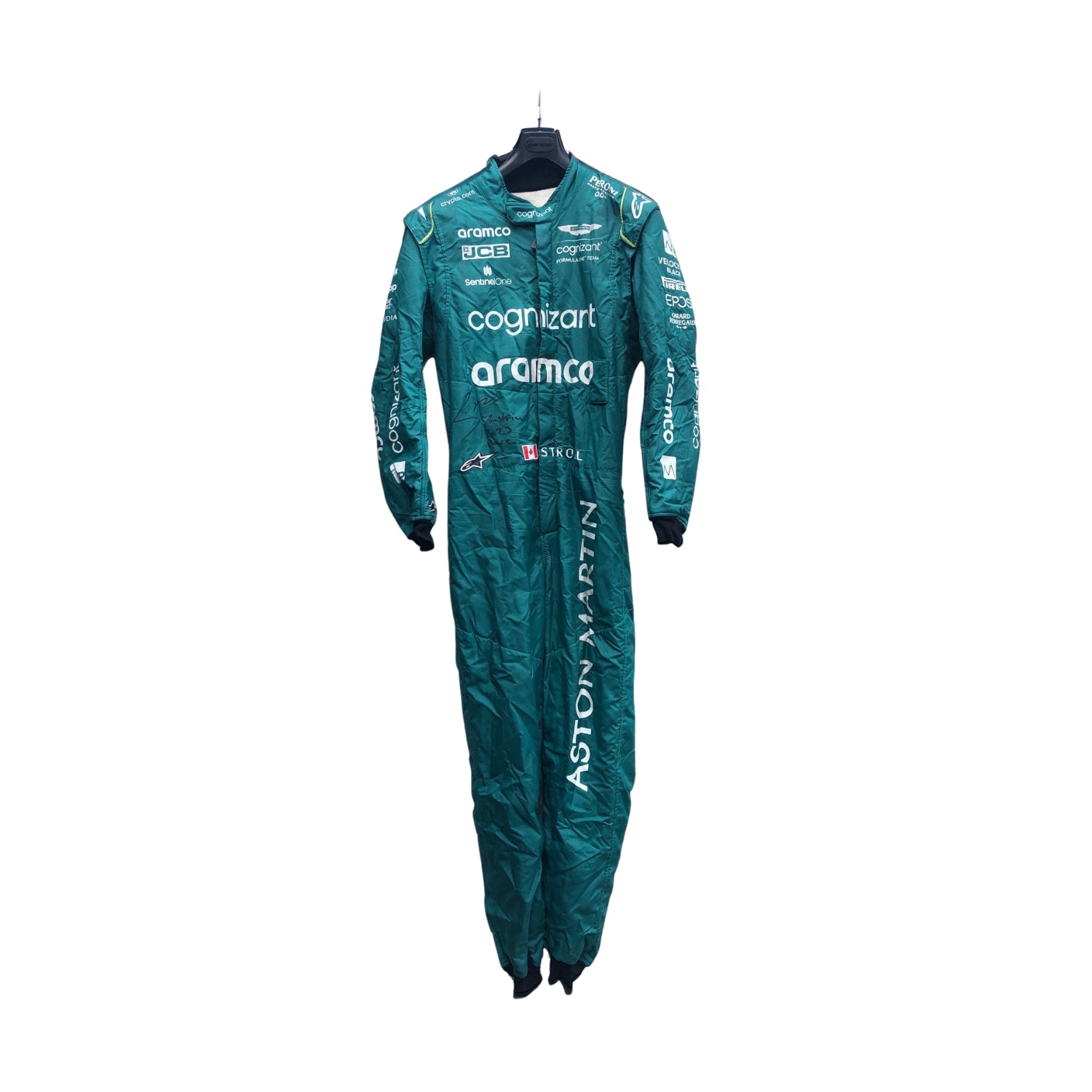 Lance Stroll’s 2023 Miami GP F1 racing suit, featuring a sleek design with a blend of dark green and subtle yellow accents. The suit is adorned with sponsor logos across the chest and shoulders, signifying high performance and innovation.Bestracewear