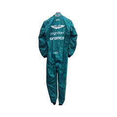 Rear view of Lance Stroll’s 2023 F1 racing suit, highlighting the back design with precise sponsor placements and a focus on aerodynamics, ensuring a fit tailored for optimal performance during races.Bestracewear