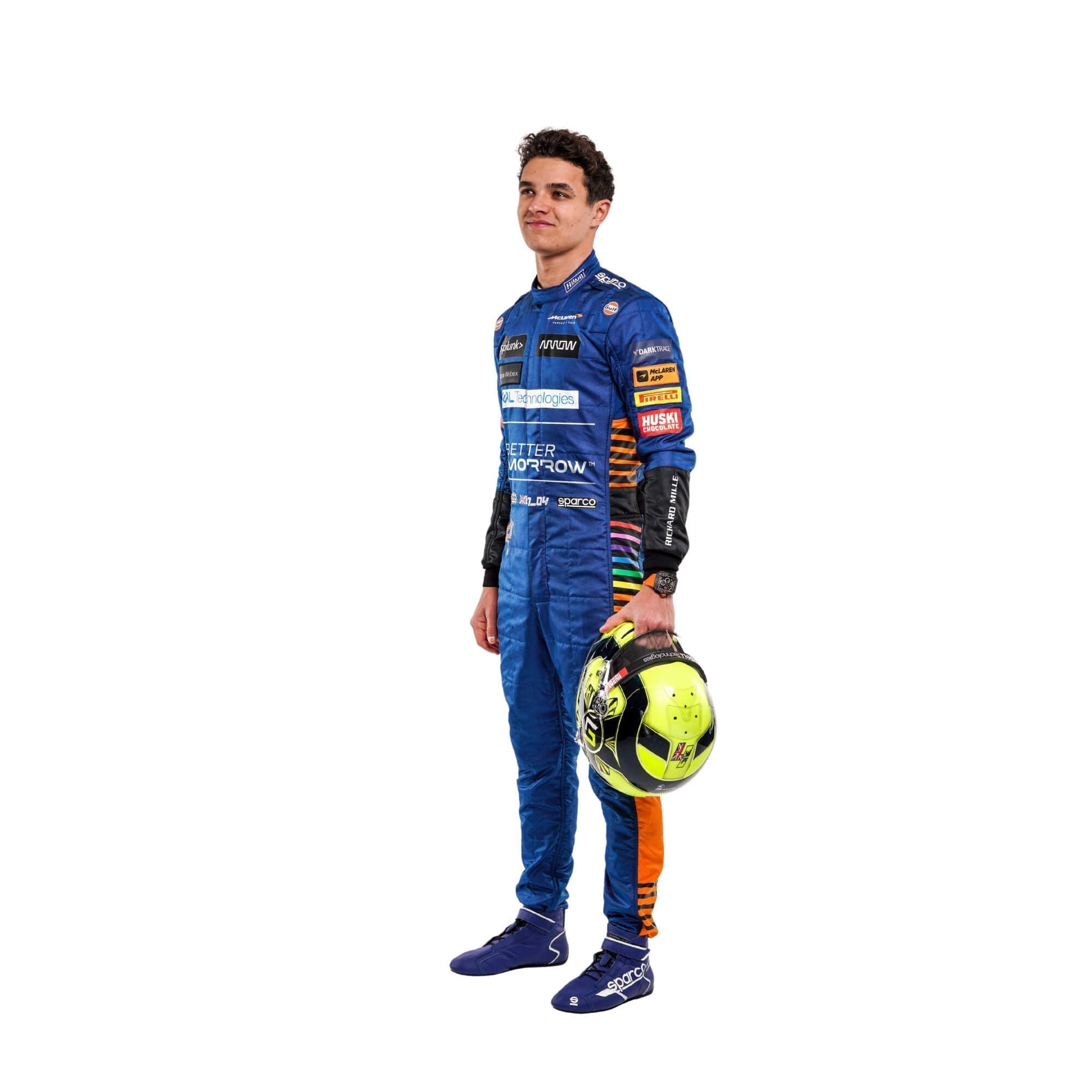 Side angle of Lando Norris 2021 race suit with stretch fabric and tailored sleeve design - Bestracewear