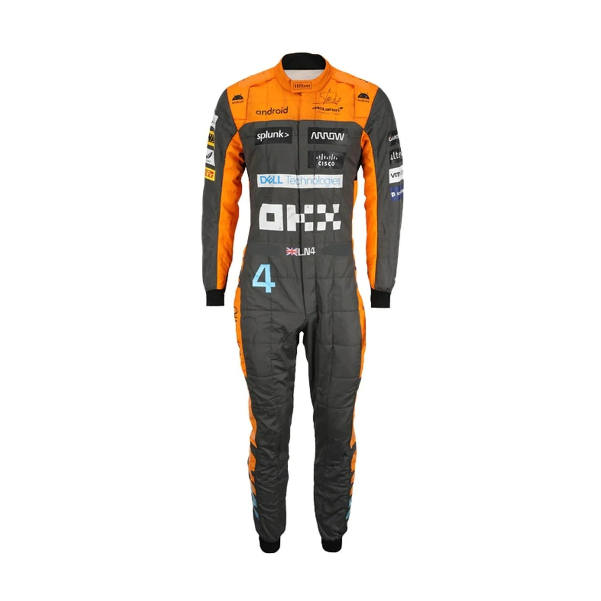 Lando Norris wearing the 2023 F1 racing suit showcasing bold color blocking, intricate detailing, and a sleek driver-specific cut.Bestracewear