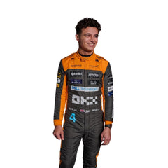 Zoomed-in look at Lando Norris’s 2023 suit featuring premium materials, high-contrast stitching, and detailed sponsor elements.Bestracewear