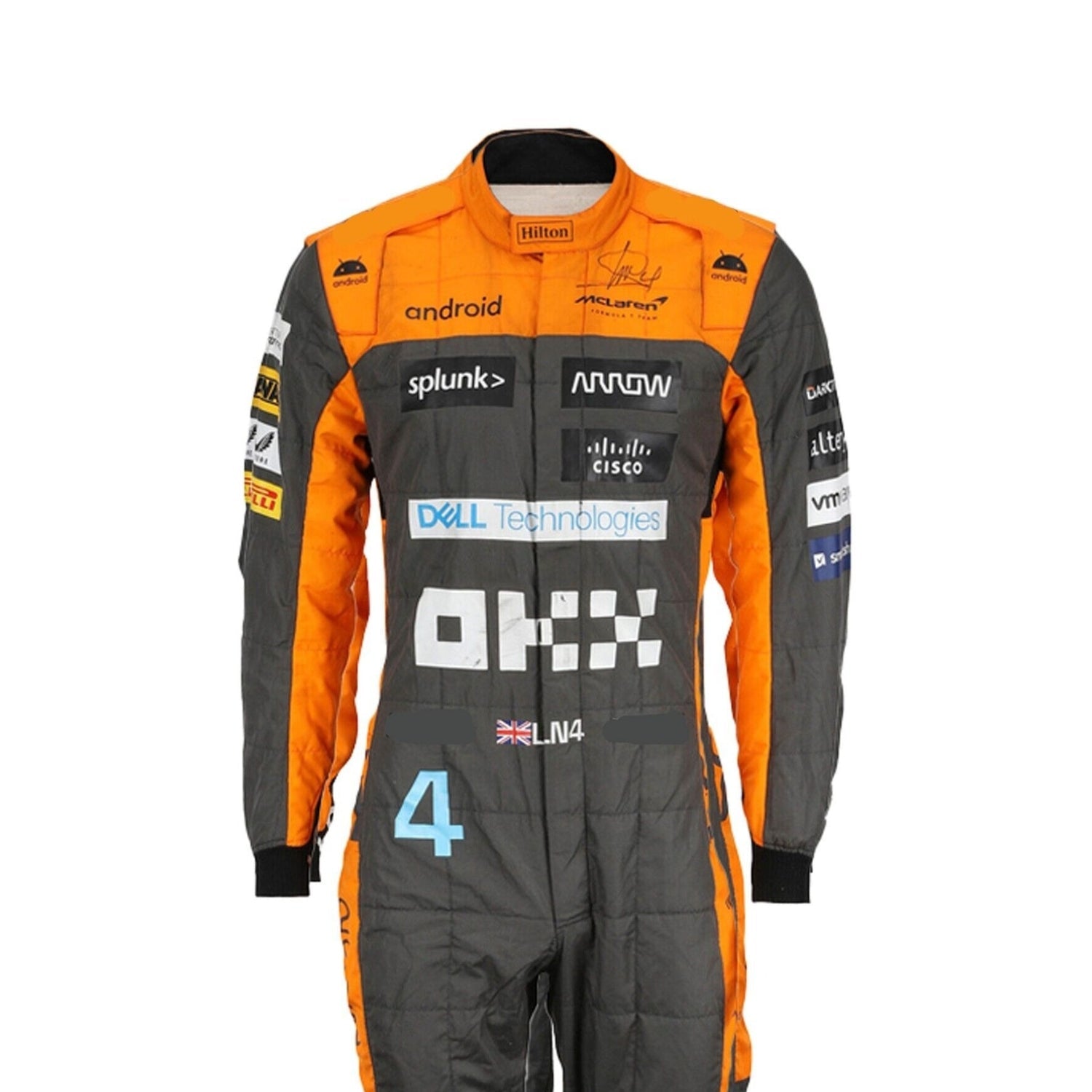 Zoomed-in look at Lando Norris’s 2023 suit featuring premium materials, high-contrast stitching, and detailed sponsor elements.Bestracewear