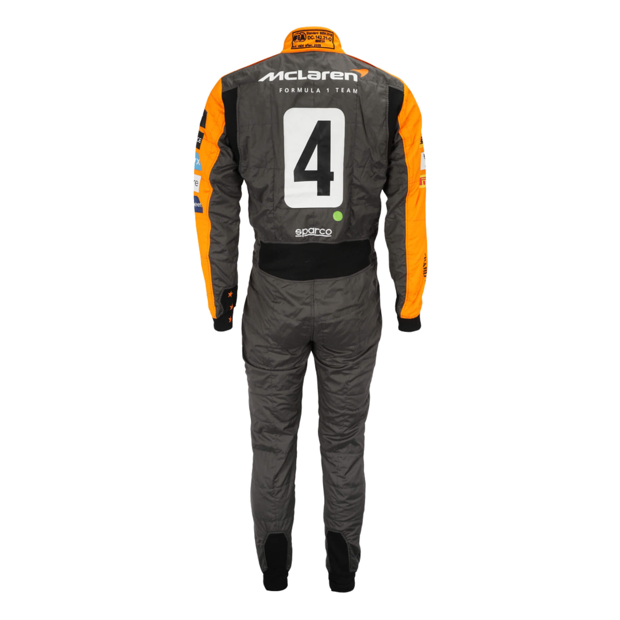 Rear view of the 2023 Spanish GP suit for Lando Norris, highlighting precision-placed patterns and lightweight construction.Bestracewear