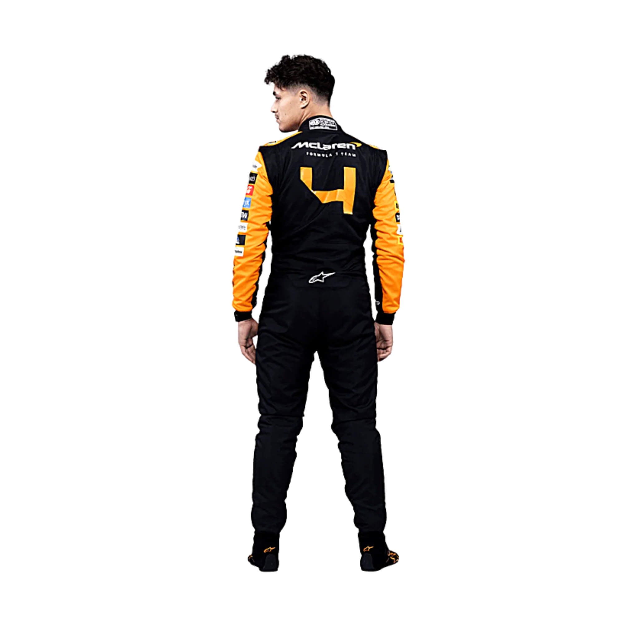 Rear view of Lando Norris's 2024 F1 racing suit, highlighting the streamlined design with a predominantly papaya orange color scheme, complemented by black sections and minimalistic accents.