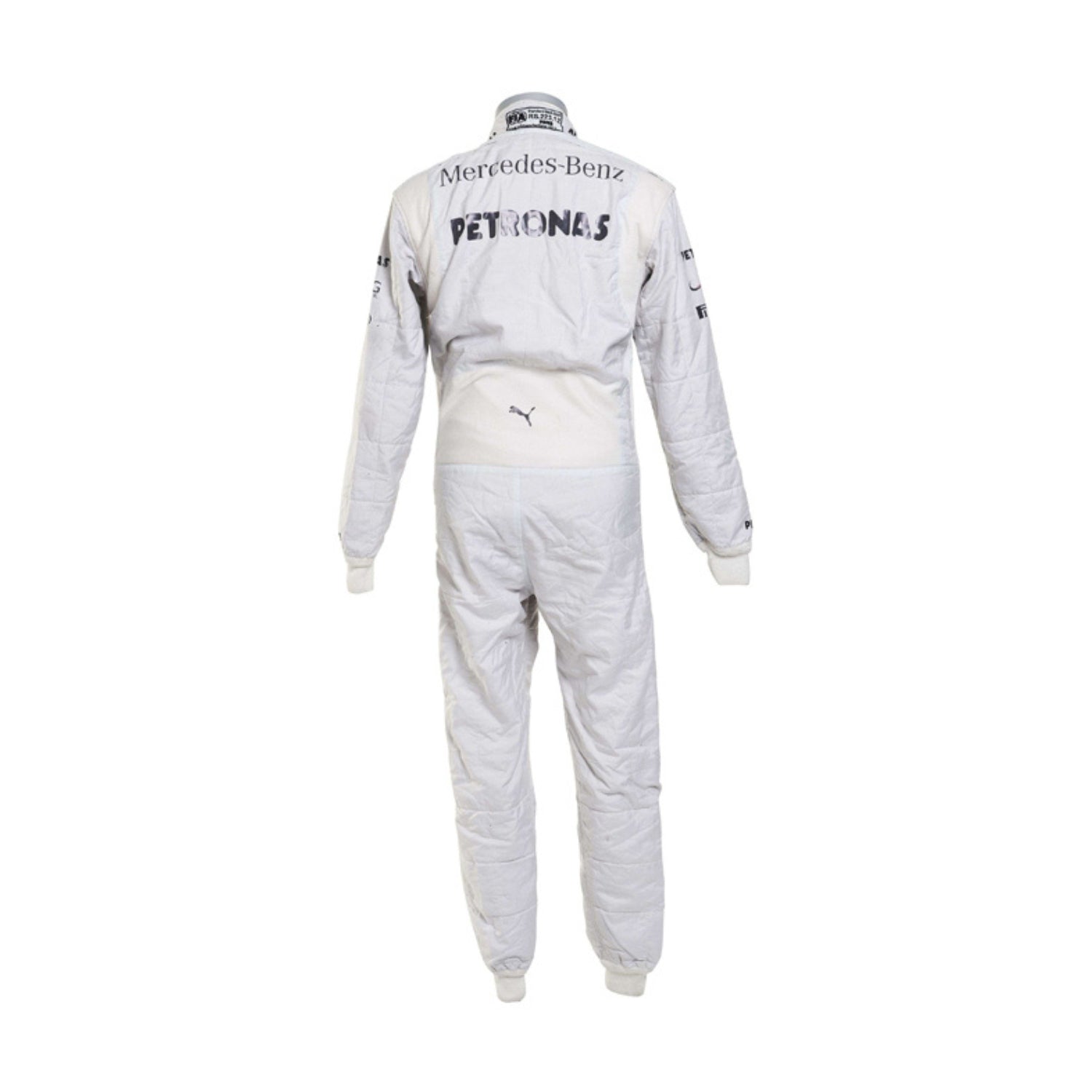 Back view of Lewis Hamilton’s 2014 racing suit featuring white and teal tones with sponsor logos, representing his dominant year on the Formula 1 grid.Bestracewear